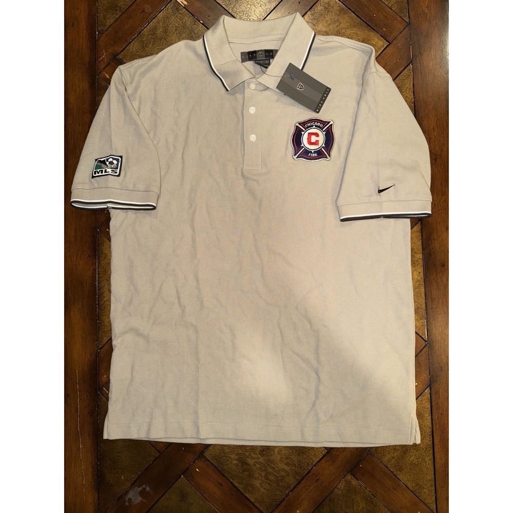 Vintage Nike Chicago Fire FC MLS Soccer Light Beige Tan Golf Polo Shirt Mens M